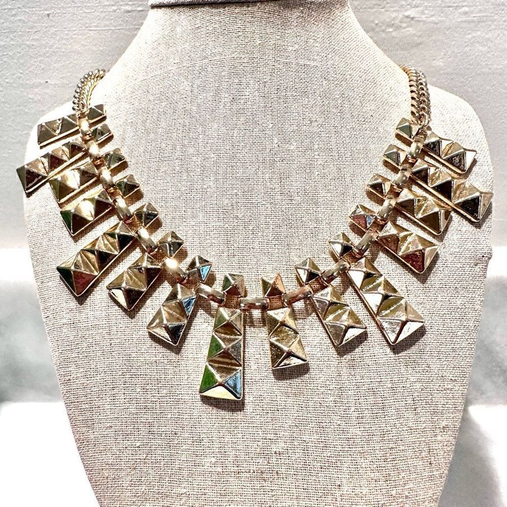 Anthropologie Gold-Tone Pyramid Bar Stud Bib Chain Statement Necklace